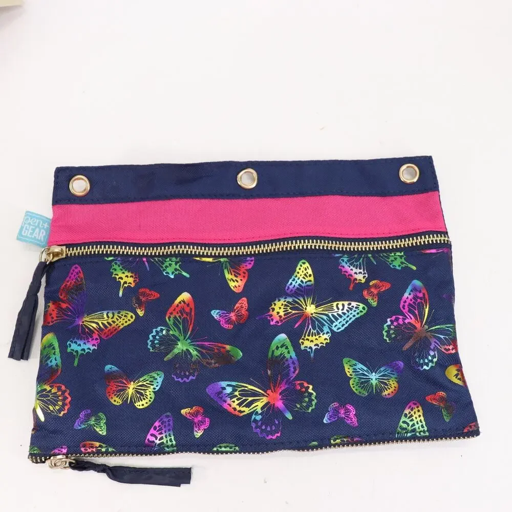 Pen & Gear Pencil Case 3 Ring Binder School Double Zip Pouch Lined Butterfly